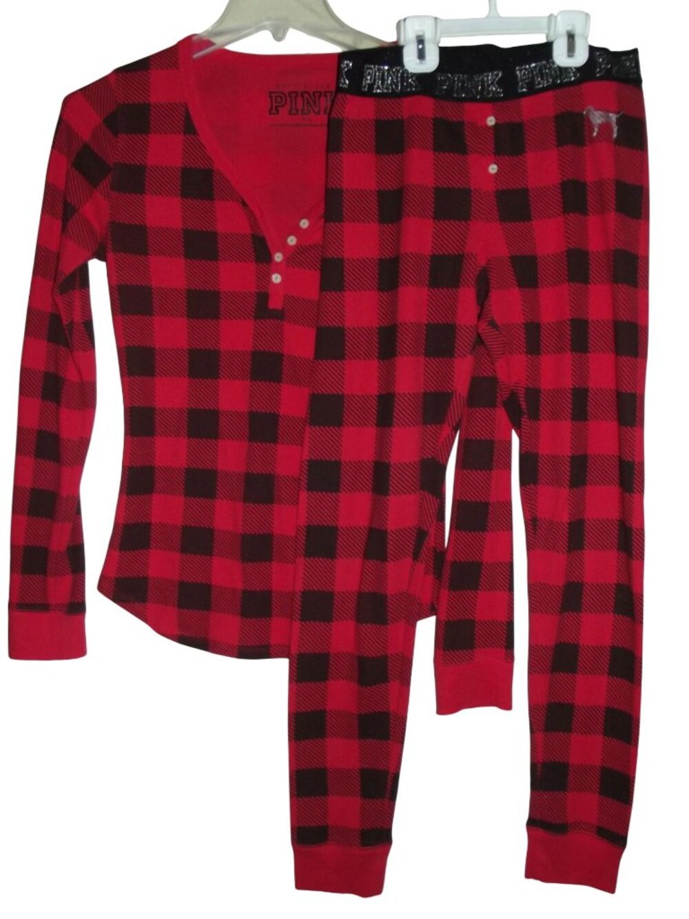Victoria’s Secret Pajama Set Womens Medium Red Black Buffalo Plaid Thermal sleep